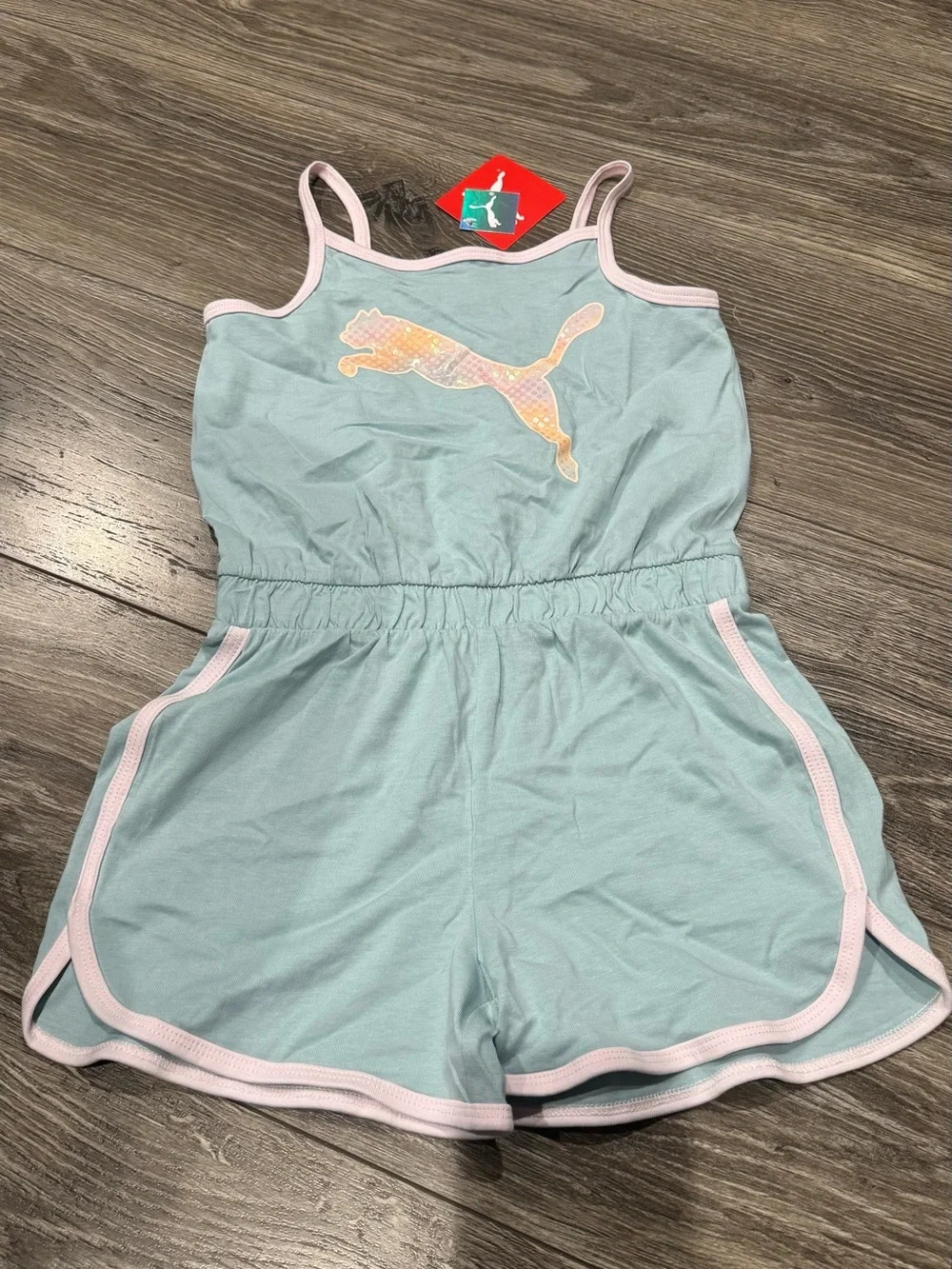 New Girl Puma Light Blue Tank Romper with Pink Trim and Iridescent Logo - Picture 1 of 1